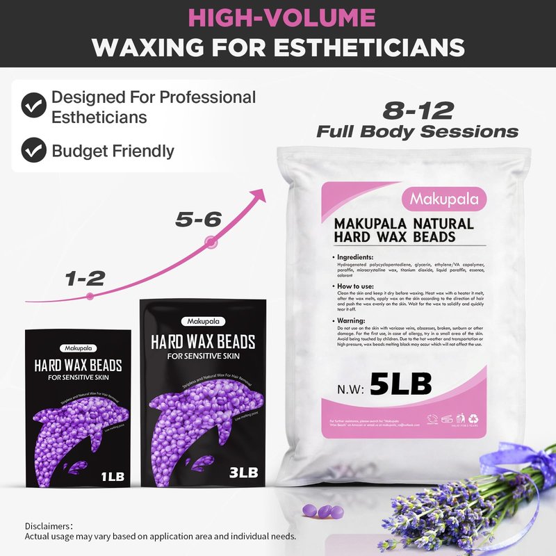 Makupala 5LB Lavender Hard Wax Beads, Stripless Bulk Wax for Full Body, Brazilian, Bikini & Underarms, Strong Grip Flexible Gel Formula for Coarse Hair, Low Temp for Estheticians & Frequent Home Users