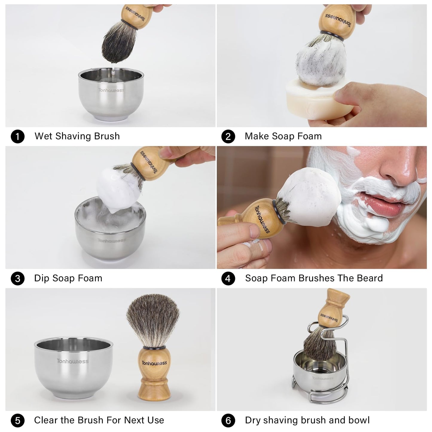 Tonhawness Shaving Brush Kit for Men, 4 in 1 Shaving Brush Set Includes Pure Badger Shaving Brush, Shaving Soap and Stainless Steel Shaving Bowl & Stand for Men’s Barber Shave Gift