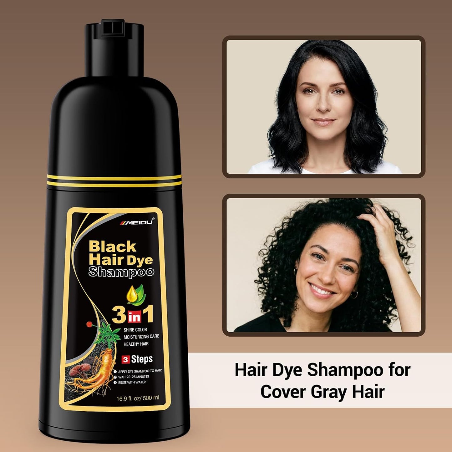 Black Hair Dye Shampoo - 3 in 1 Semi-Permanent Gray Coverage for Color-Treated Hair | 500ml