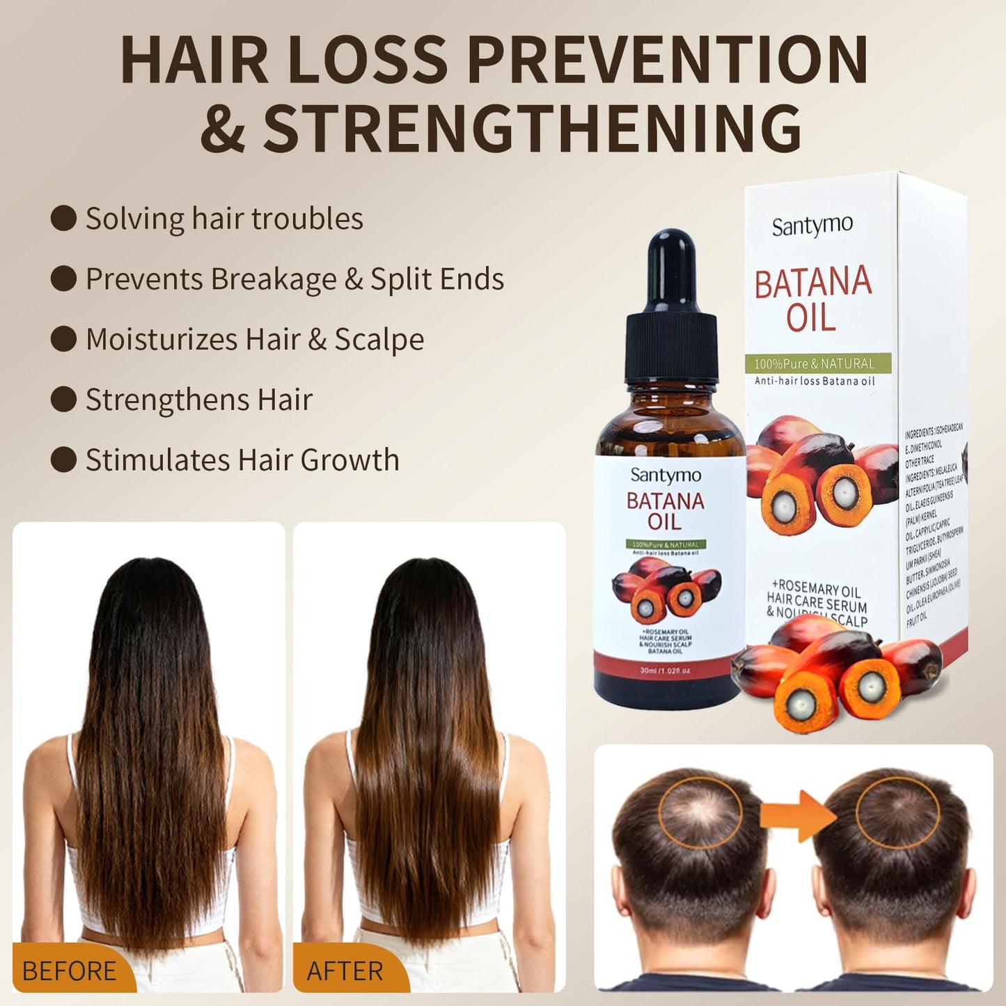 Batana Oil for Hair Growth 100% Raw Organic Batana Hair Mask from Honduras, Wild Growth, Scalp Promotes Thickness, Prevents Loss for Men & Women, 30ML