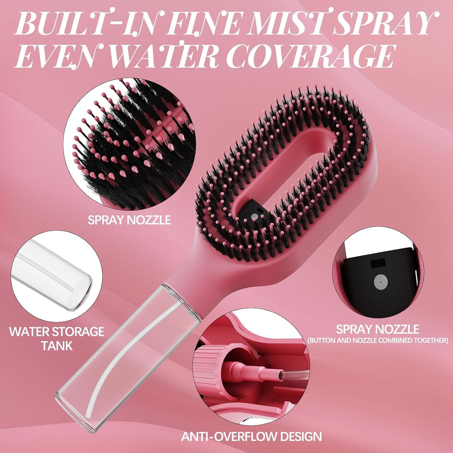 Hair Brush with Water Spray - 2-in-1 Detangling Tool for Wet & Dry Hair | Anti-Frizz, Portable, Pink