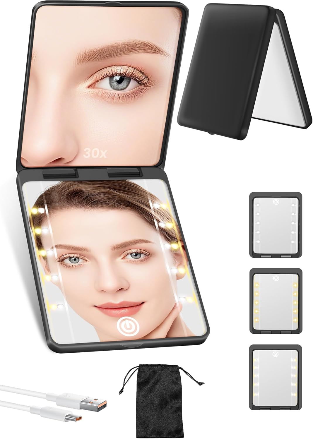 Rechargeable 30X Magnifying Compact Mirror - 3 Lighting Modes & Dimmable Brightness | Portable Travel Makeup Mirror for Women - Black