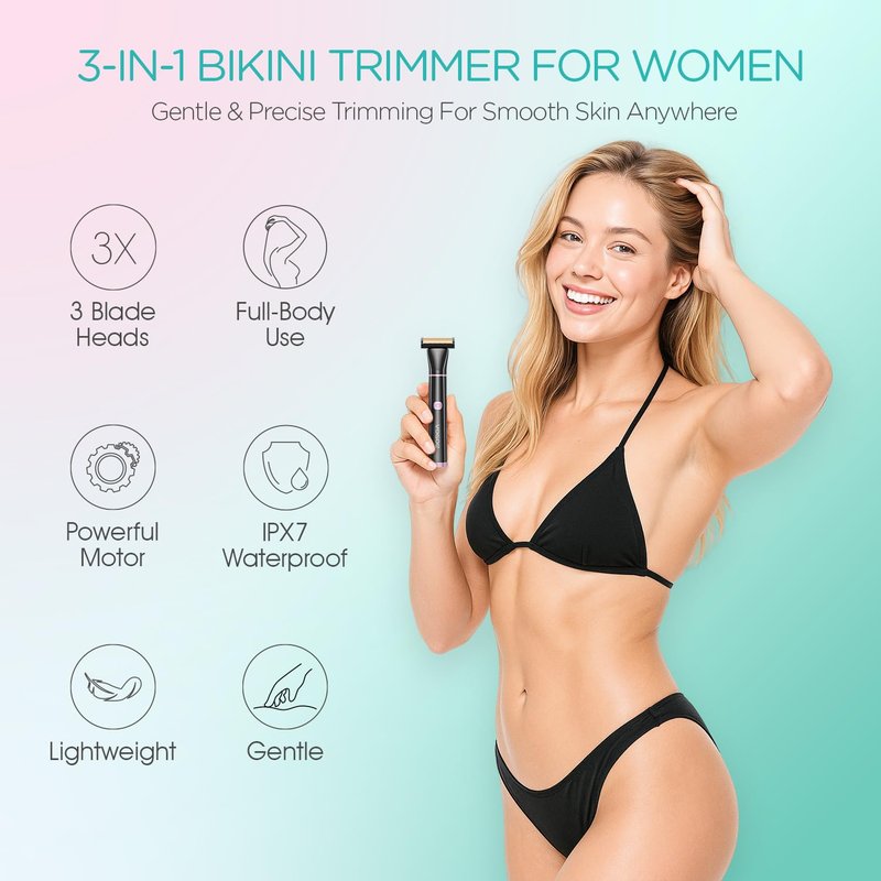 VOGOE Bikini Trimmer for Women, 3-in-1 Electric Razors for Women, Cordless Compact Waterproof Pubic Hair Trimmer for Body, Face & Bikini Area (Black)