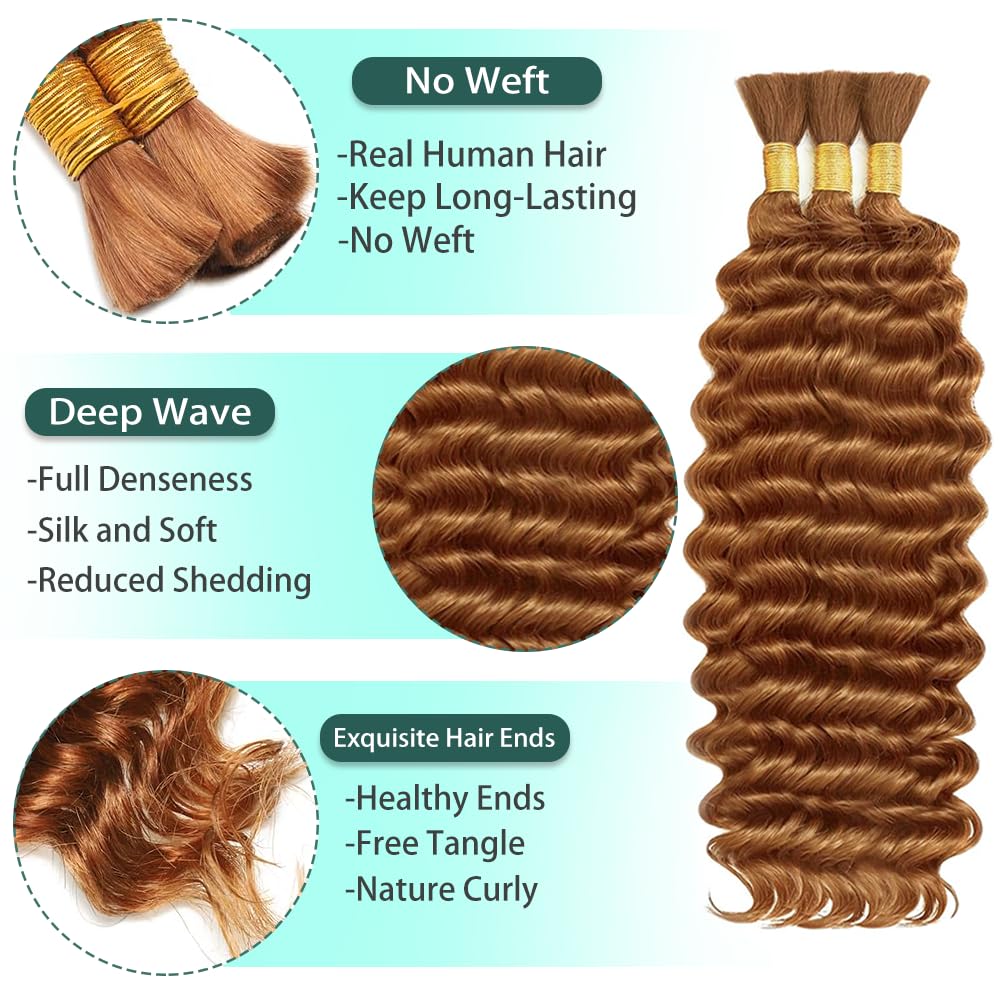 #30 Human Braidng Hair for Boho Braids 24 24 24 Inch Brown Deep Wave Bulk Human Hair for Braiding 10A Deep Wave Bulk 3 Bundles 150g