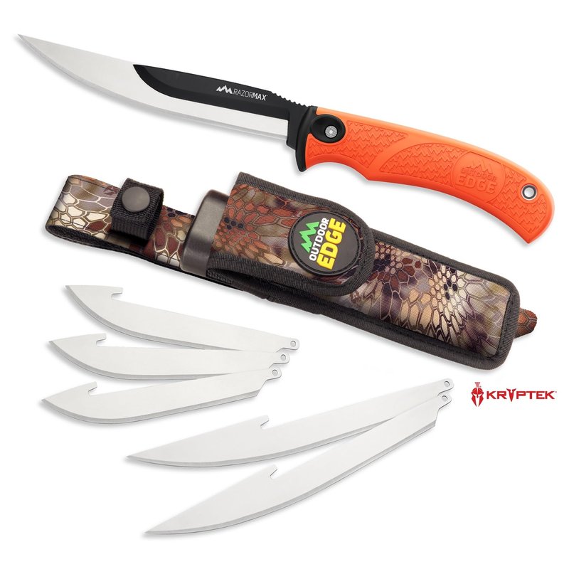 OUTDOOR EDGE RazorMax - Replaceable Fixed Blade Hunting Knife with 3.5" Drop-Point, 5" Boning/Fillet Blades, Belt Sheath and Detachable Blade Carrier (Orange, 6 Blades)