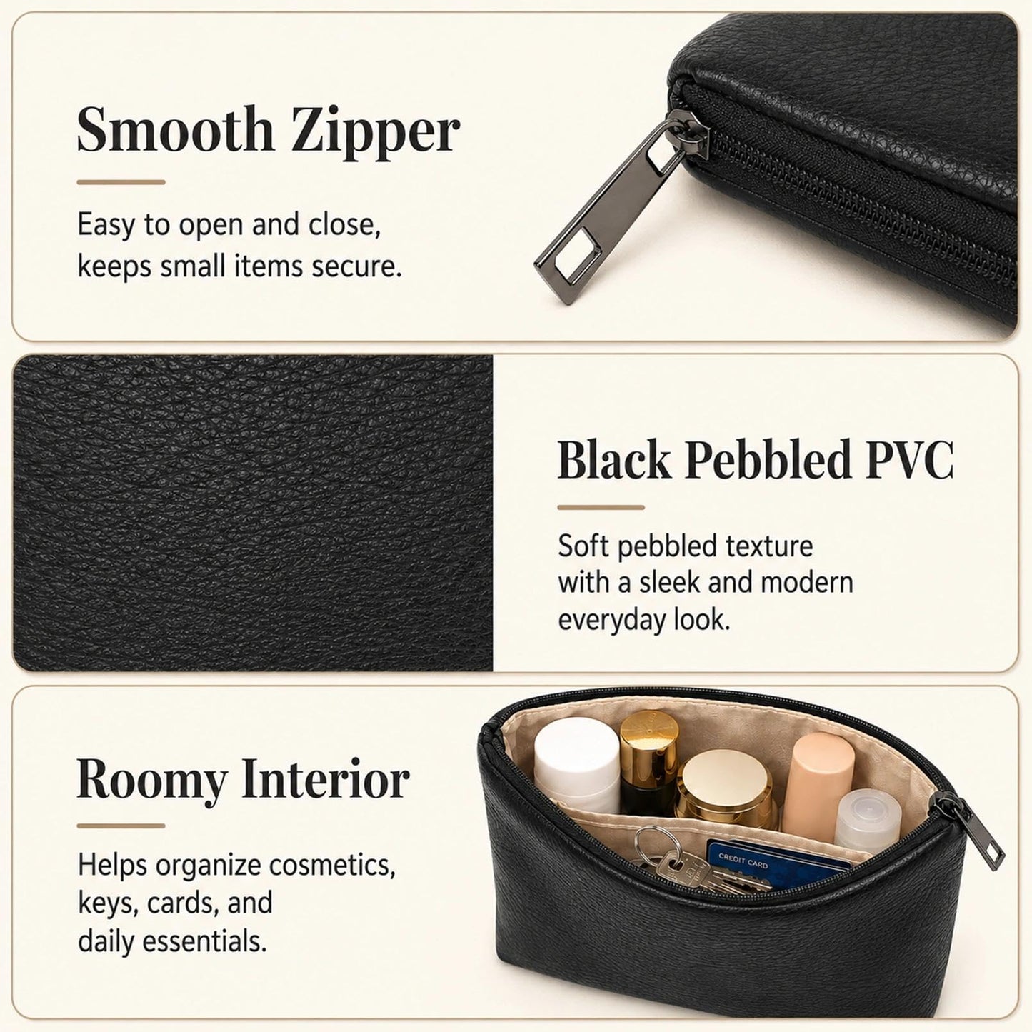 BBORGDC Small Cosmetic Bag Set of 3 for Purse, Black PVC Cosmetic Pouches, 3 Sizes Zipper Organizer for Travel & Toiletries, Gift for Her Birthday, Wife & Mom