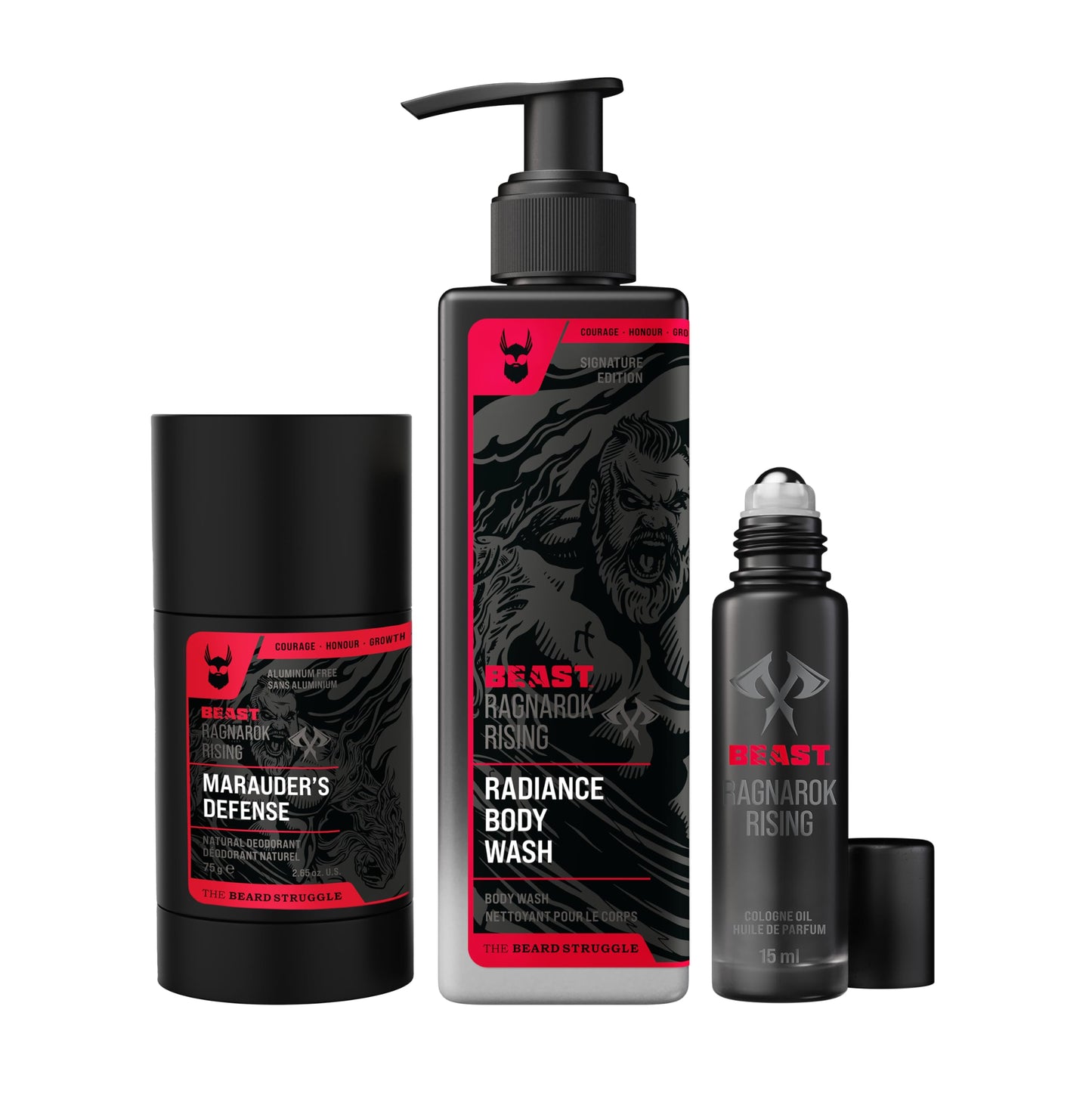 The Beard Struggle Beast Body Bundle: Eddie Hall The Beast Line Ragnarok Rising Special Edition - Men's Body Wash, Natural Aluminum Free Deodorant & Roll on Cologne