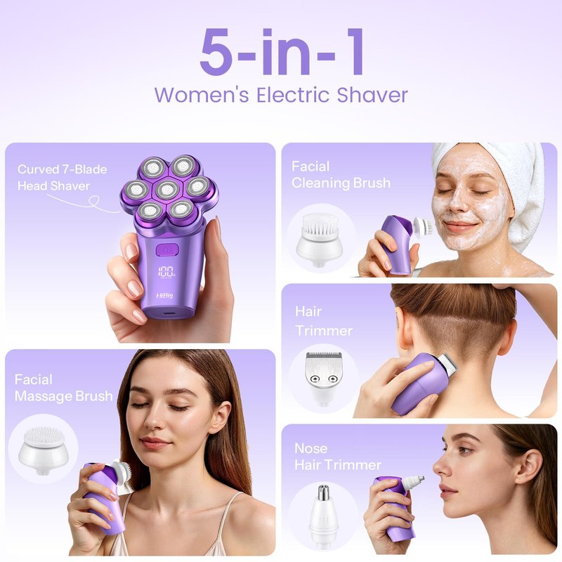 Electric Razors for Women Legs : 5-in-1 Rechargeable Body Shaver, 7D Wet & Dry Bikini Trimmer, IPX7 Waterproof Lady Hair Remover for Face Underarms Pubic, Violet