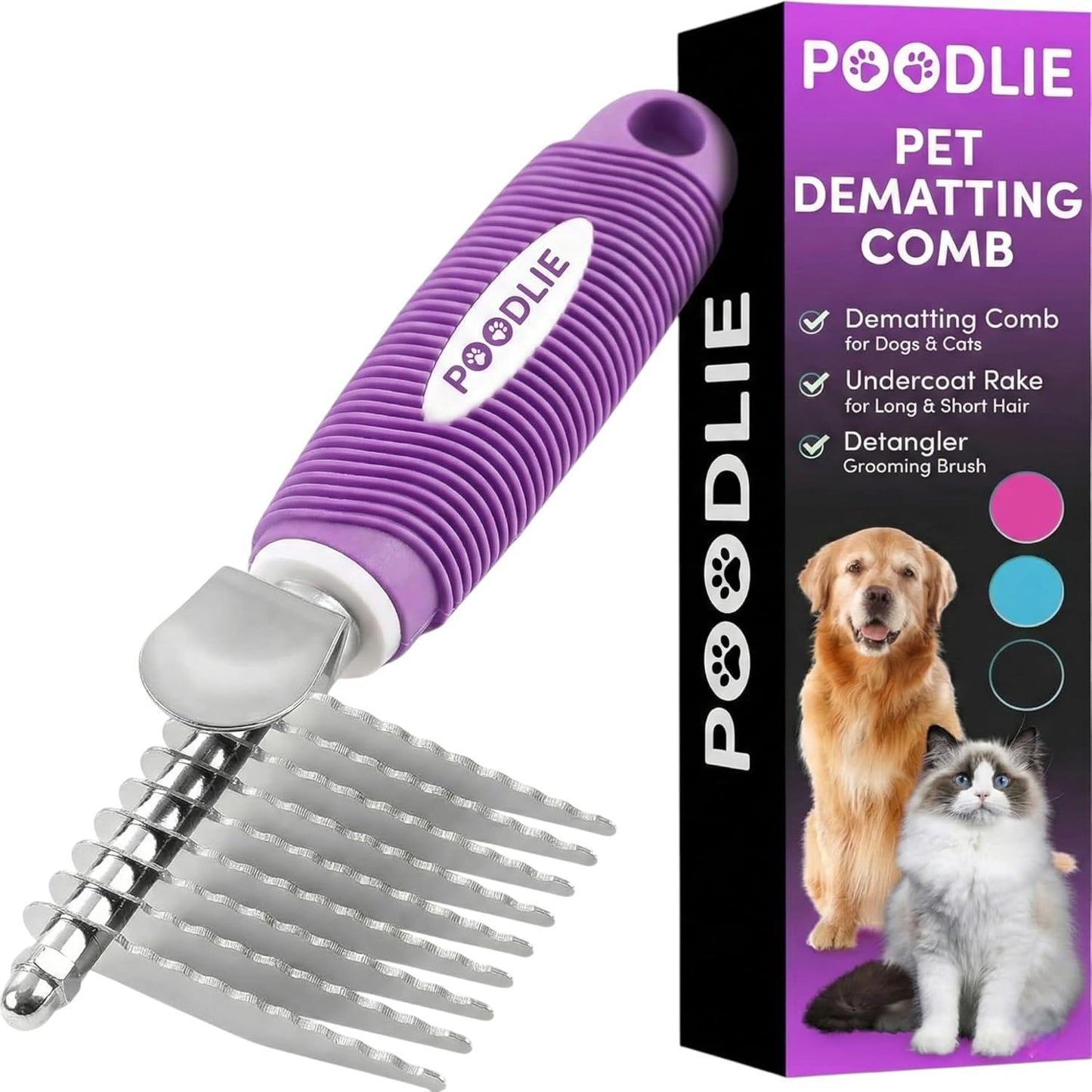 Poodle Dematting Fur Rake Comb - 2.5" Steel Blades for Dogs & Cats | Detangle Matted Undercoat Hair