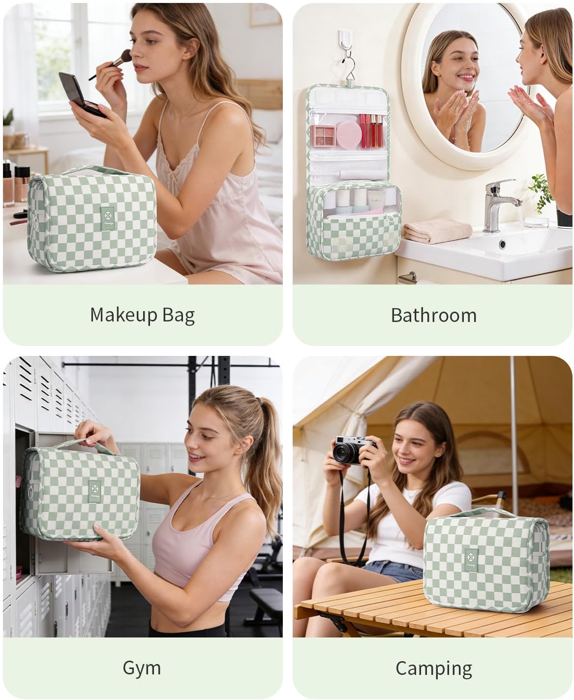 Narwey Small Hanging Travel Toiletry Bag - Checkered Makeup Organizer for Women | Mint Green Checkerboard