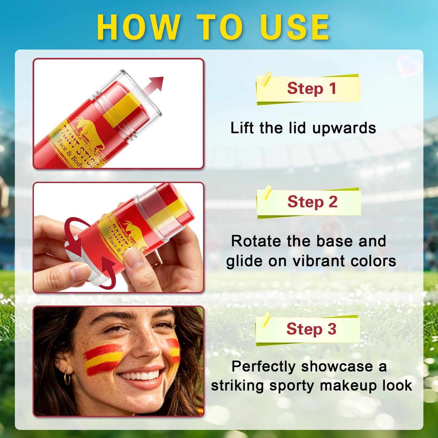 LZXLUKGIR Red Yellow and Red Face Paint Stick,3 in 1 Colors Spain Face Body Paint Sticks for Soccer,Football,Softball,Baseball,High Pigment & Waterproof Eye Black Stick Makeup （03 Spain）
