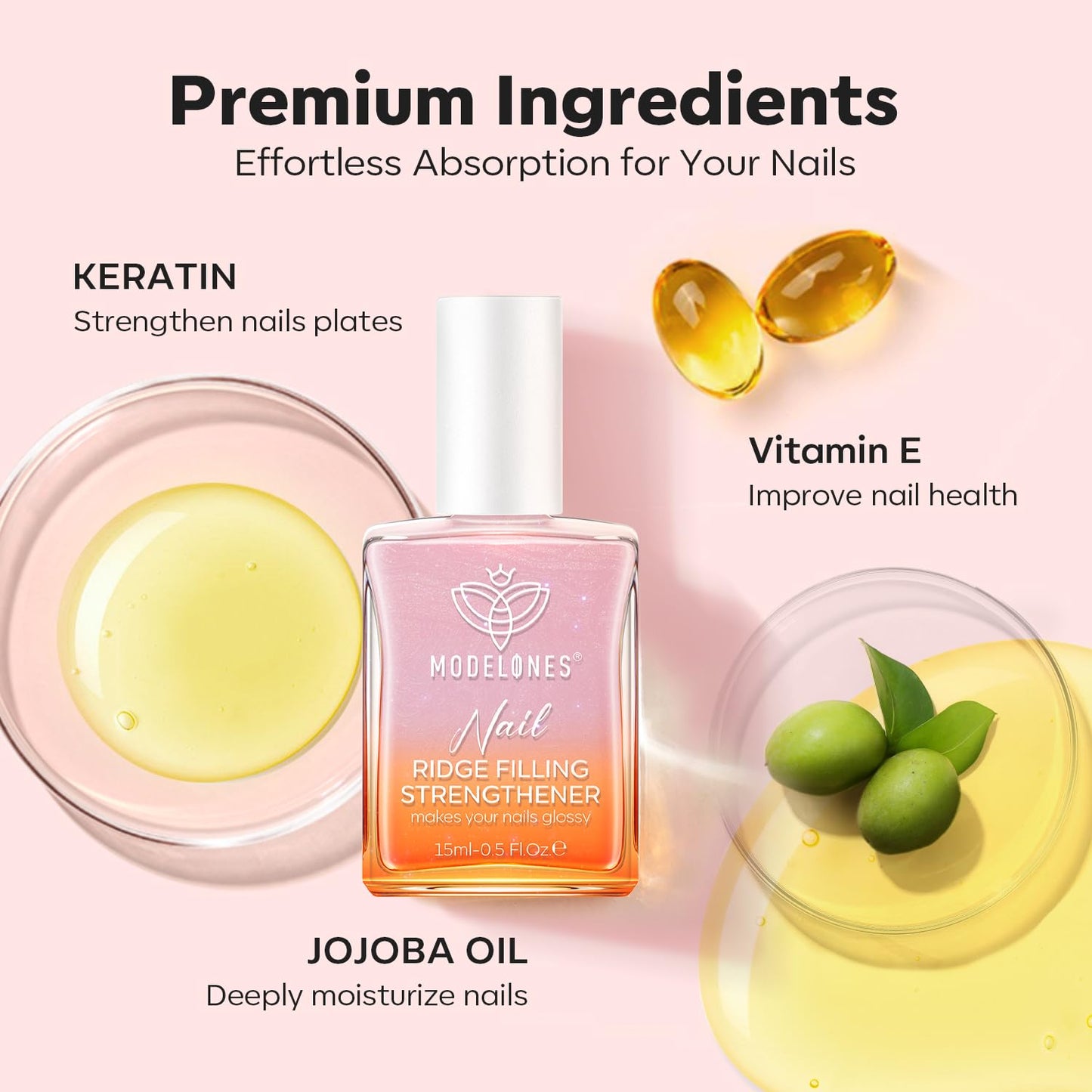 Nail Strengthener - Glitter Pink Nail Polish for Damaged Nails | 15ml Hardener & Growth Formula