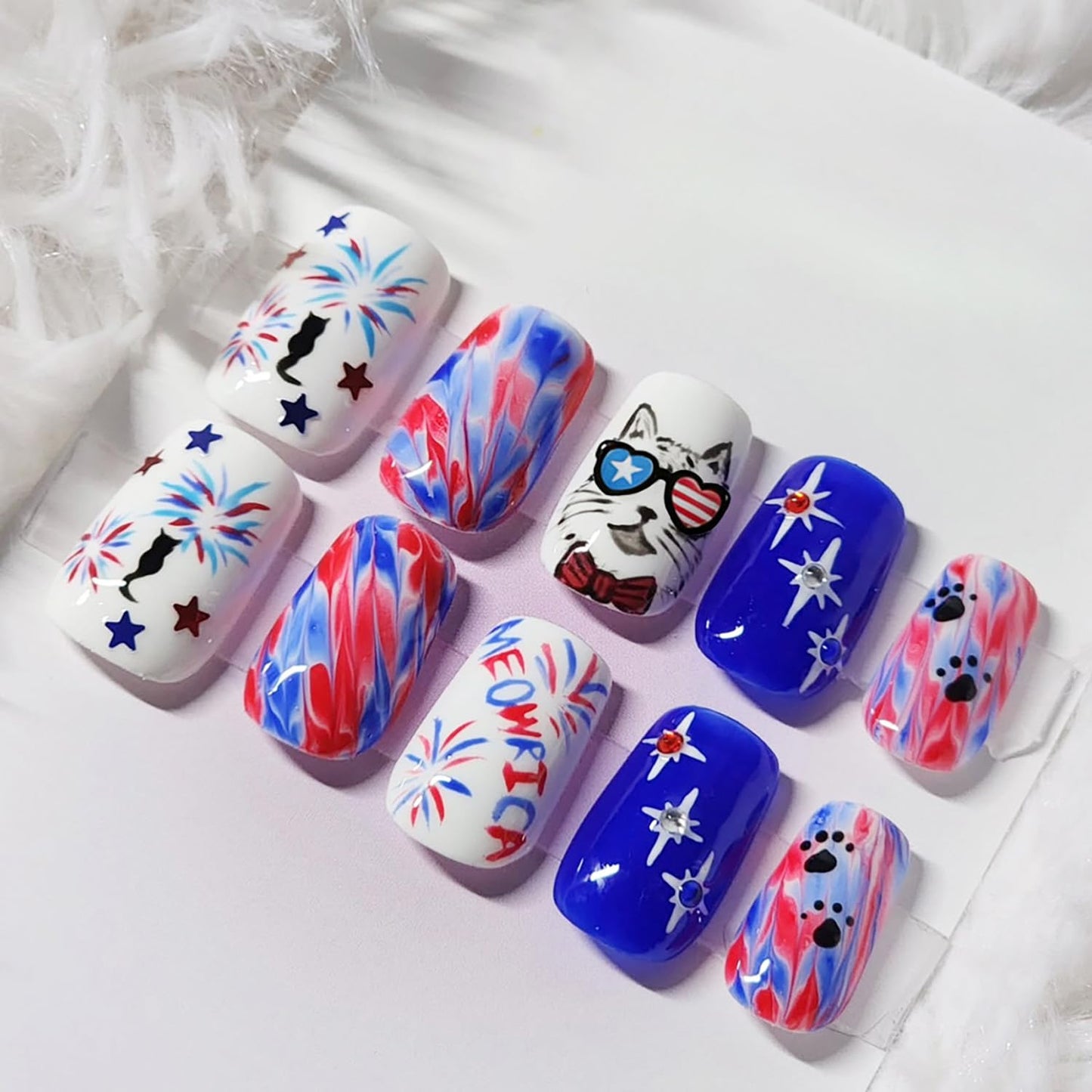 French Tip Press-On Nails - 24Pcs Short Square Design with 3D Flowers & Rhinestones | Glossy Natural Pink Full Cover