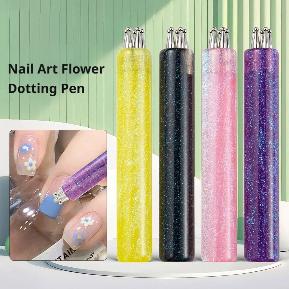 COCEQUC 5 Petal Flower Nail Dotting Pen,1.8mm Fine Tip One Stroke Flower Design Tool with Glitter Handle,for Beginners & Pros Painting, Sculpting, Rhinestones DIY and Salon