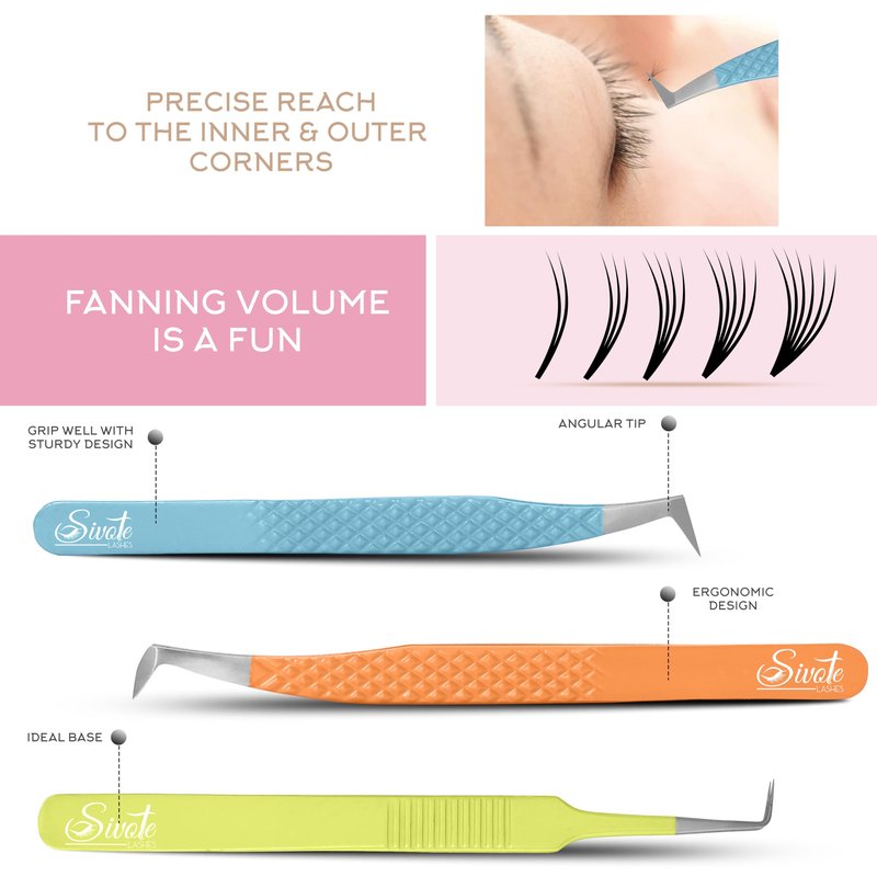 SIVOTE Lash Tweezers for Eyelash Extensions Fiber Tips, Set of 3, Volume, Volume Boot, 90 Degree Tweezers, Blue Yellow Orange