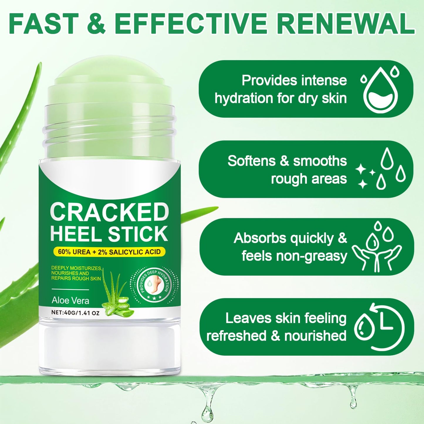 60% Urea Cream with 2% Salicylic Acid & Aloe vera Cracked Heel Stick, Long-lasting Moisture, Repair Cracked Heels, Deep Moisturizing Heel Balm with Aloe Vera, Coconut Oil, Tea Tree Oil, 1.41 oz / 2PCS