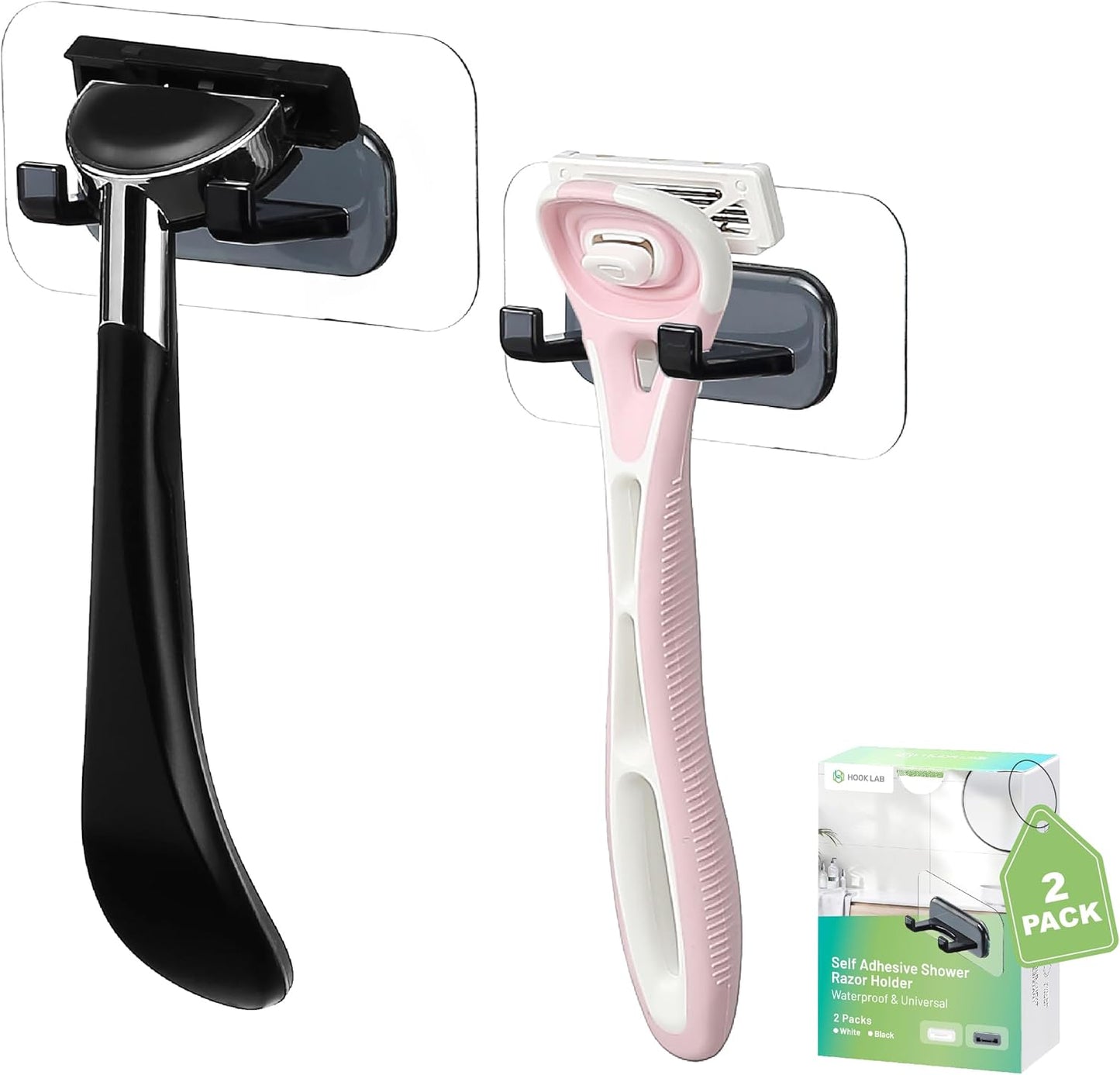 Strong Adhesive Shower Razor Holder - Waterproof Wall Hooks for Bathroom | 2-Pack, No-Drill, Reusable & Removable - White