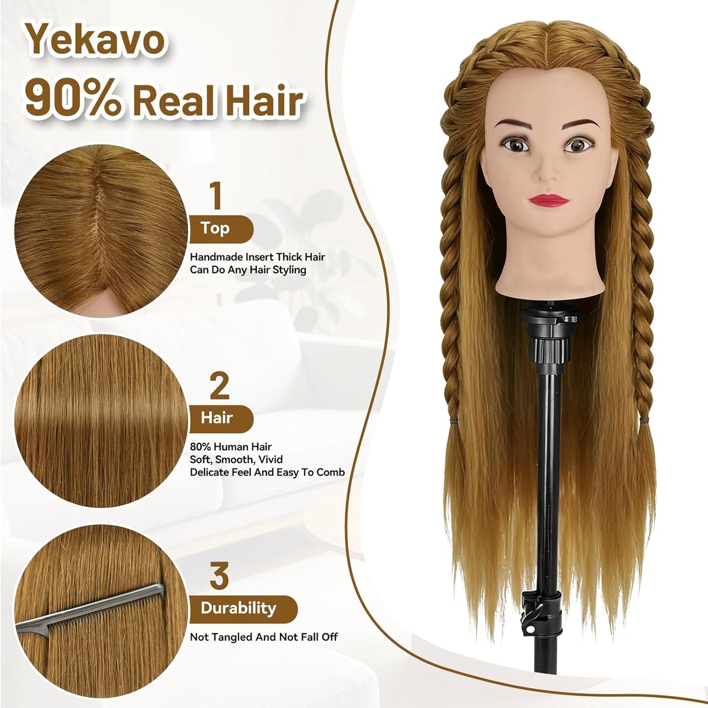 Mannequin Head - 90% Human Hair Styling Head for Cosmetology | 26"-28" Hairdressing Training Doll with Clamp & Styling Set