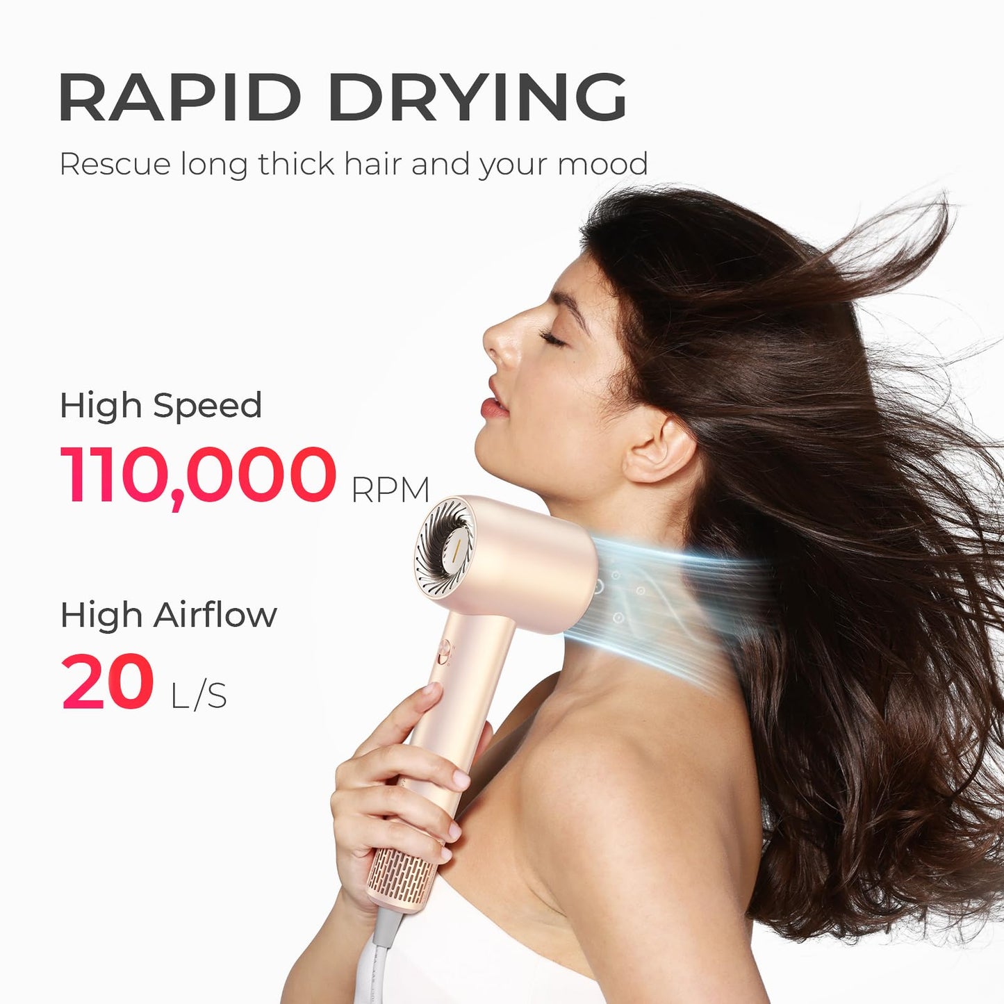 TYMO Ionic Hair Dryer for Women, High Speed Travel Blow Dryer for 5X Faster Drying & 0 Damage, Professional Portable Quiet Hairdryer with 400M Negative Ions, 4 Temps& 2 Speeds, 110,000 RPM, Grey