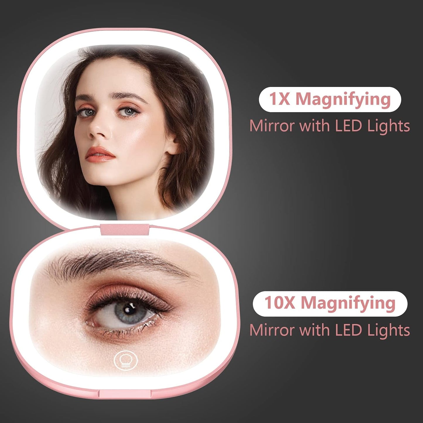 Travel Mirror with Light - Rechargeable 1x/10x Compact Magnifying Mirror | Dimmable Pocket Mirror, 3.5 Inch, Rose Gold