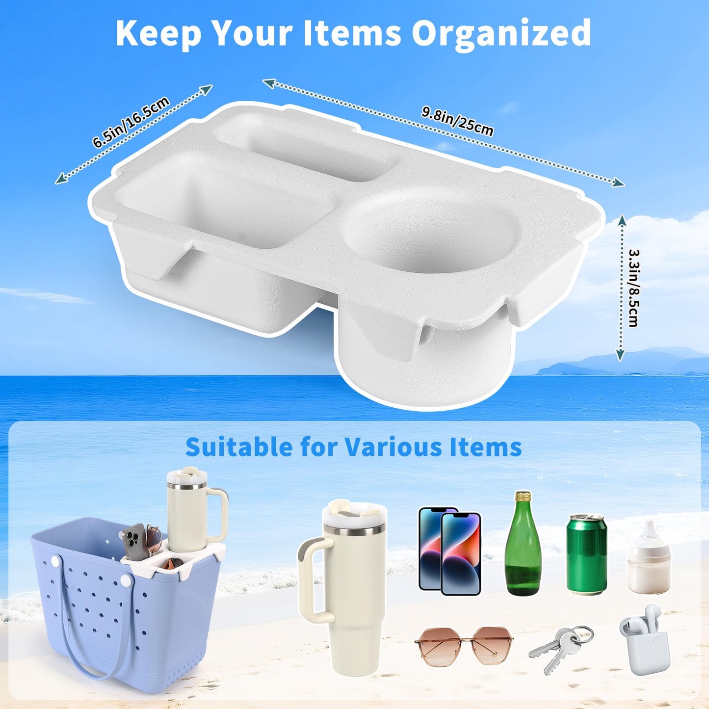Topper Tray for Bogg Bag Accessories, Tote Bag Organizer Cup Holder (White)