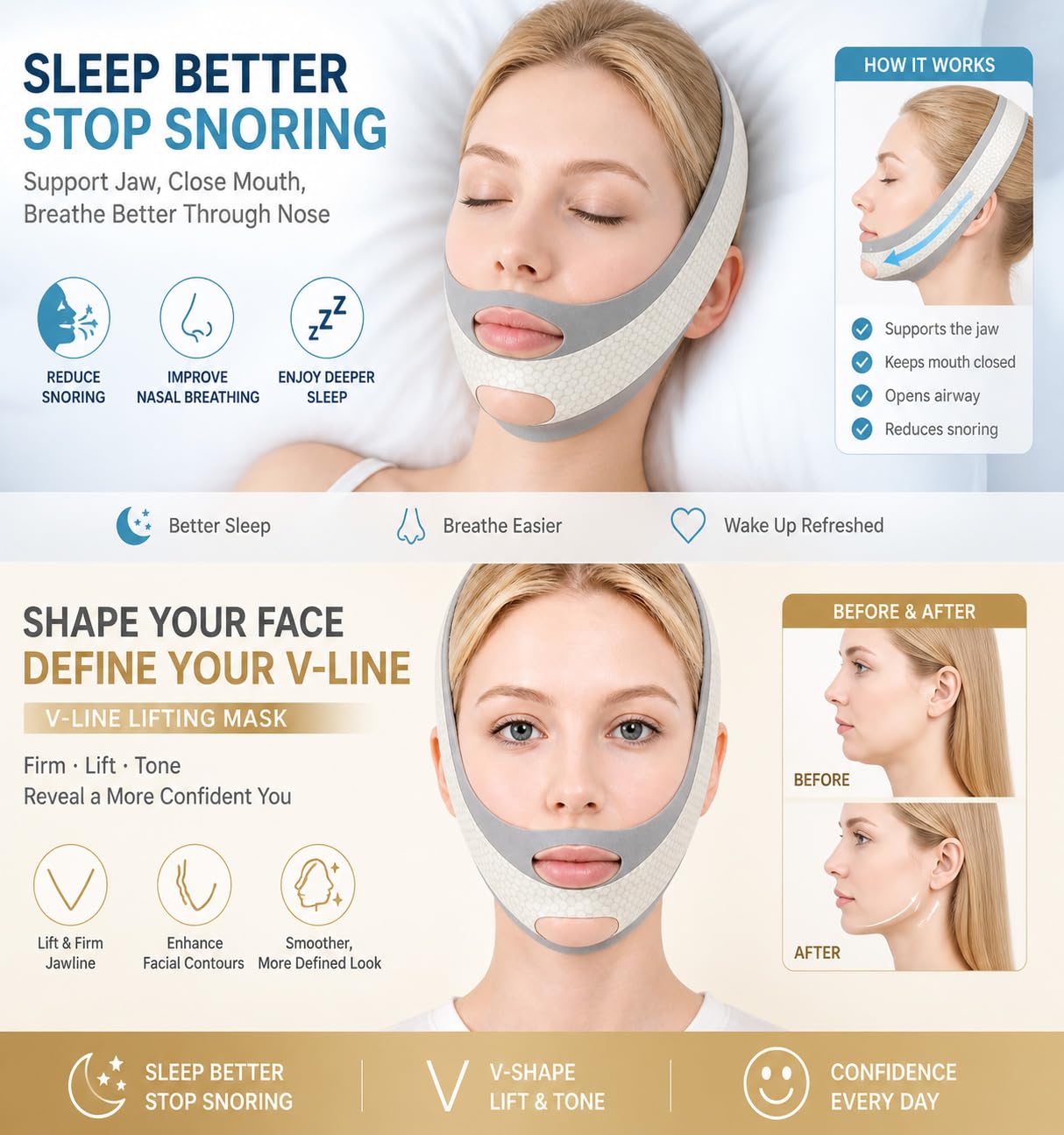 Anti Snoring Chin Strap, V Line Lifting Mask, Chin Strap for Sleeping, V Line Mask, Face Lifting Strap, Stop Snoring Chin Strap, Snoring Solution for Men and Women, Breathable Chin Strap (Grey.)