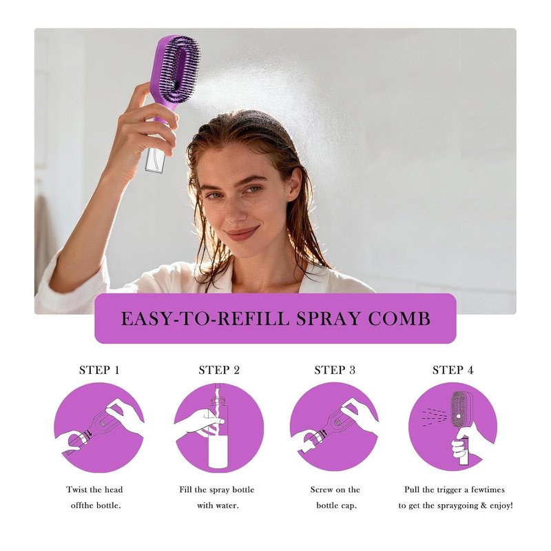 2-in-1 Detangler Hair Brush with Mister Spray - Wet & Dry Anti-Frizz Brush for Curly, Wavy & Straight Hair | 50ml Water Reservoir (Purple)