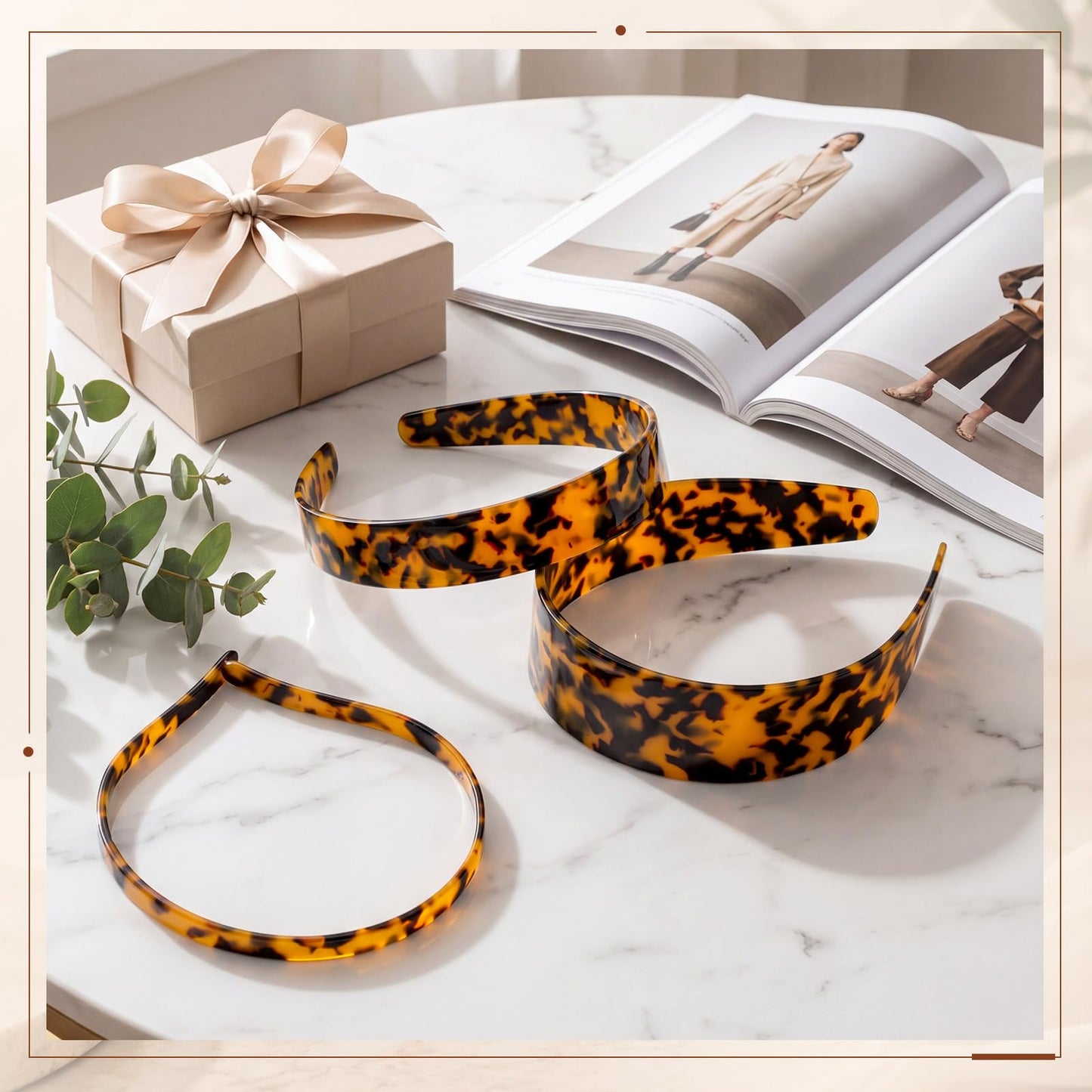 Wavyknot 3 Pack Tortoise Shell Acetate Headbands for Women Different Widths (0.4", 1", 1.5") Non Slip Teeth Dark Tortoise Hair Bands Classic Retro Hair Accessories for Daily, Makeup Use