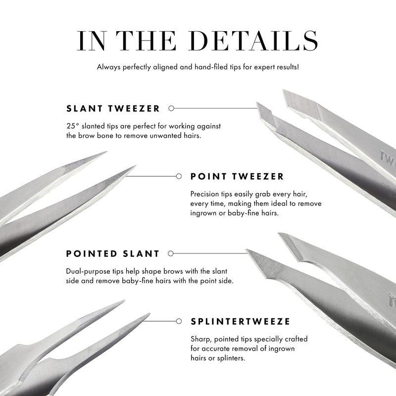 Tweezerman Mini Slant and Point Tip Tweezer - Tweezers Set for Eyebrows, Travel Tweezers for Eyebrows, Facial Hair, (Pack of 2)