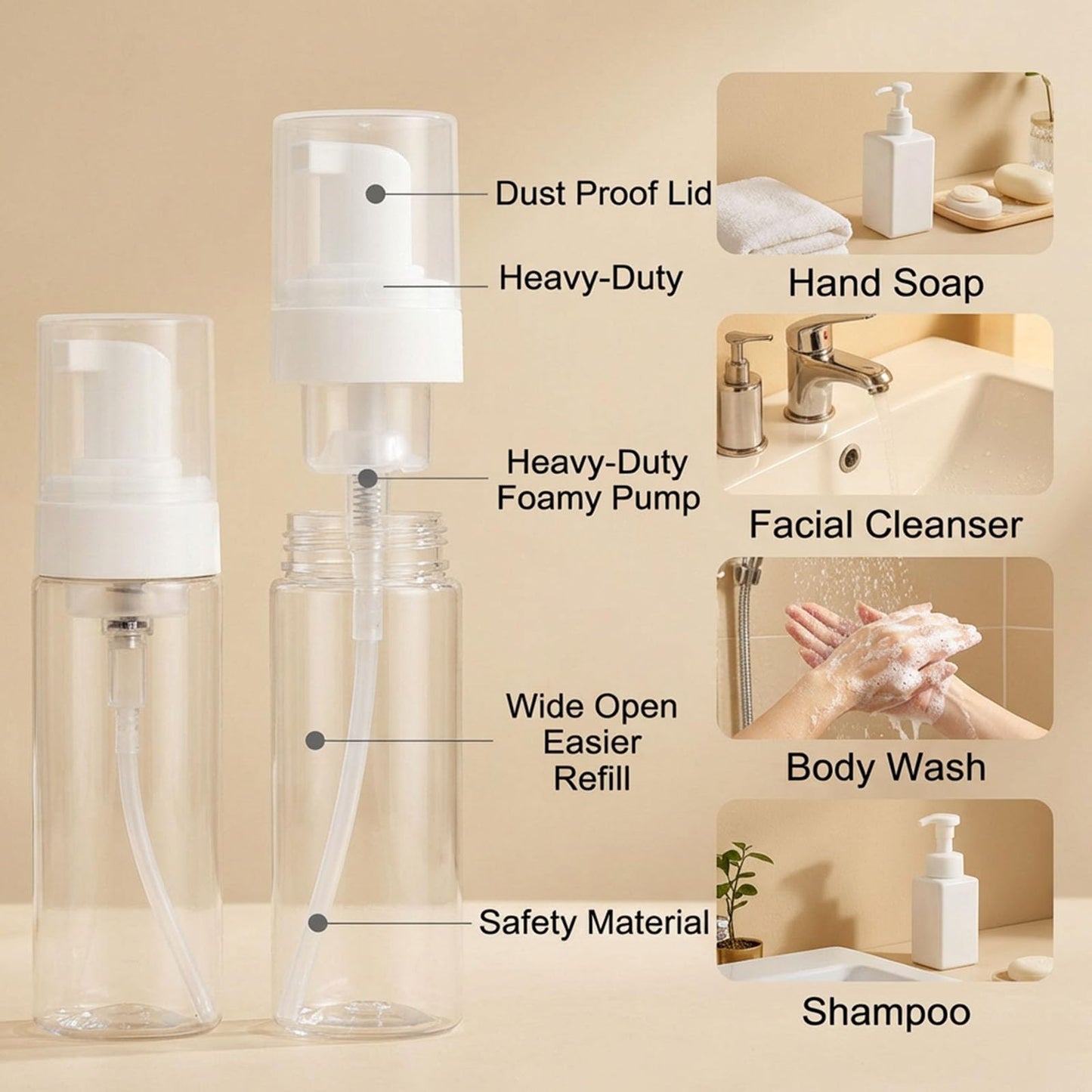 judero Foam Pump Bottle 7oz/ 200ml, 2Pcs Large Foaming Soap Dispenser for Travel Clear Refillable Foaming Spray Bottle for Bathroom, Hand Soap, Shampoo, Face Wash, Leak-Proof Foam Dispenser