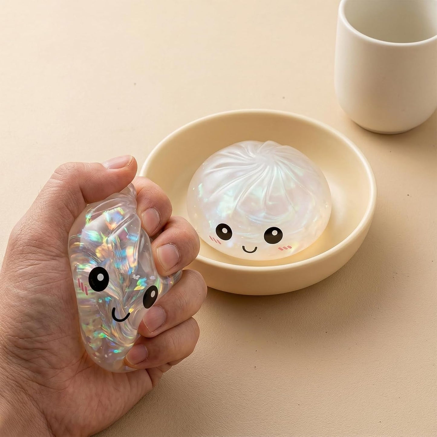 Glitter Dumpling Squishy - Soft Stress Relief Fidget Toy | Stretchy Dough Ball with Mini Food Steamer (Glitter White)