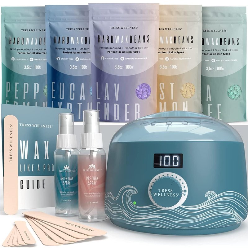 Tress Wellness Award Winning Waxing Kit for Sensitive Skin – Safe for Face & Skin, Easy to Use – At-Home Kit for Face, Bikini, Brazilian & Full Body - Digital Display, Blue Water