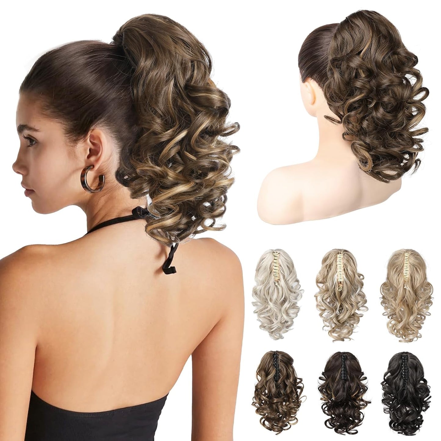Ponytail Extension - 16" Classic Loose Curly Wavy Claw Clip Hairpiece for Women | Black Brown
