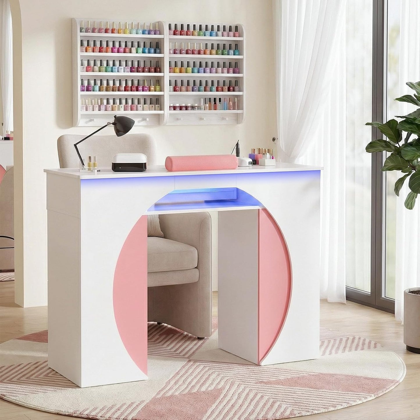 Nail Desk with Dust Collector & LED Lights - Professional Manicure Table for Salon or Home Studio | White with Pink Accents