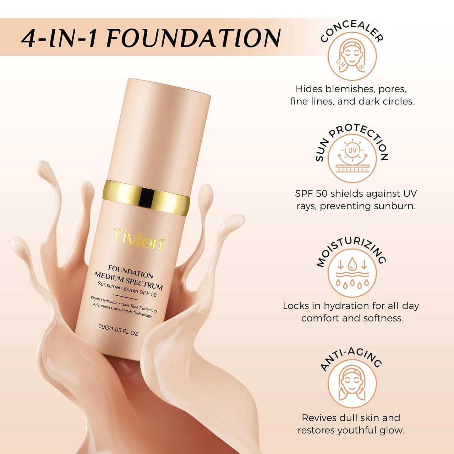 Foundation 4 in 1 - Medium Spectrum SPF 50+ | Hydrating, Anti-Aging, Waterproof Makeup Liquid (30ml)