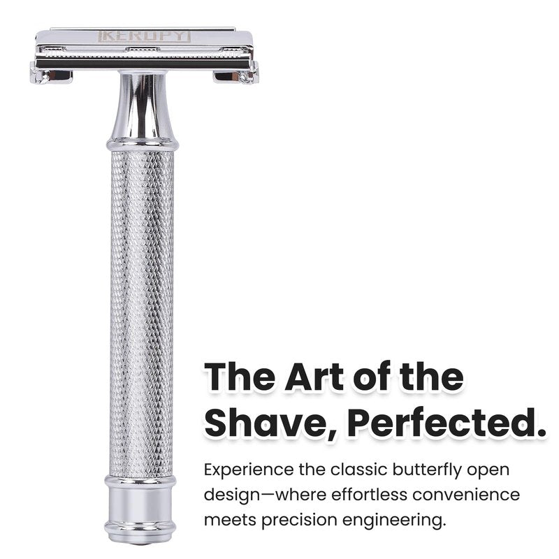 Keropy Safety Razor for Men, Butterfly Open Weighted Heavy Handle Razor,10 Premium Stainless Steel Blades, Vote for classic metal quality, rather than paying for overpriced blades.