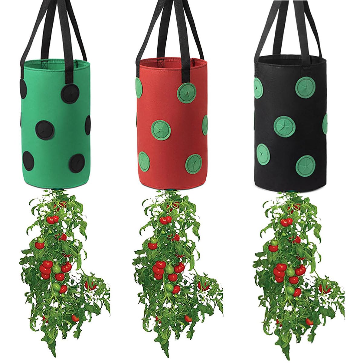 Garden Hanging Tomato Strawberry Planting Grow Bag, 3 Pcs Upside Down Vegetable Planter with 12 Grow Holes and Handle, Grow Hanger Bag for Vegetable Fruit Garden