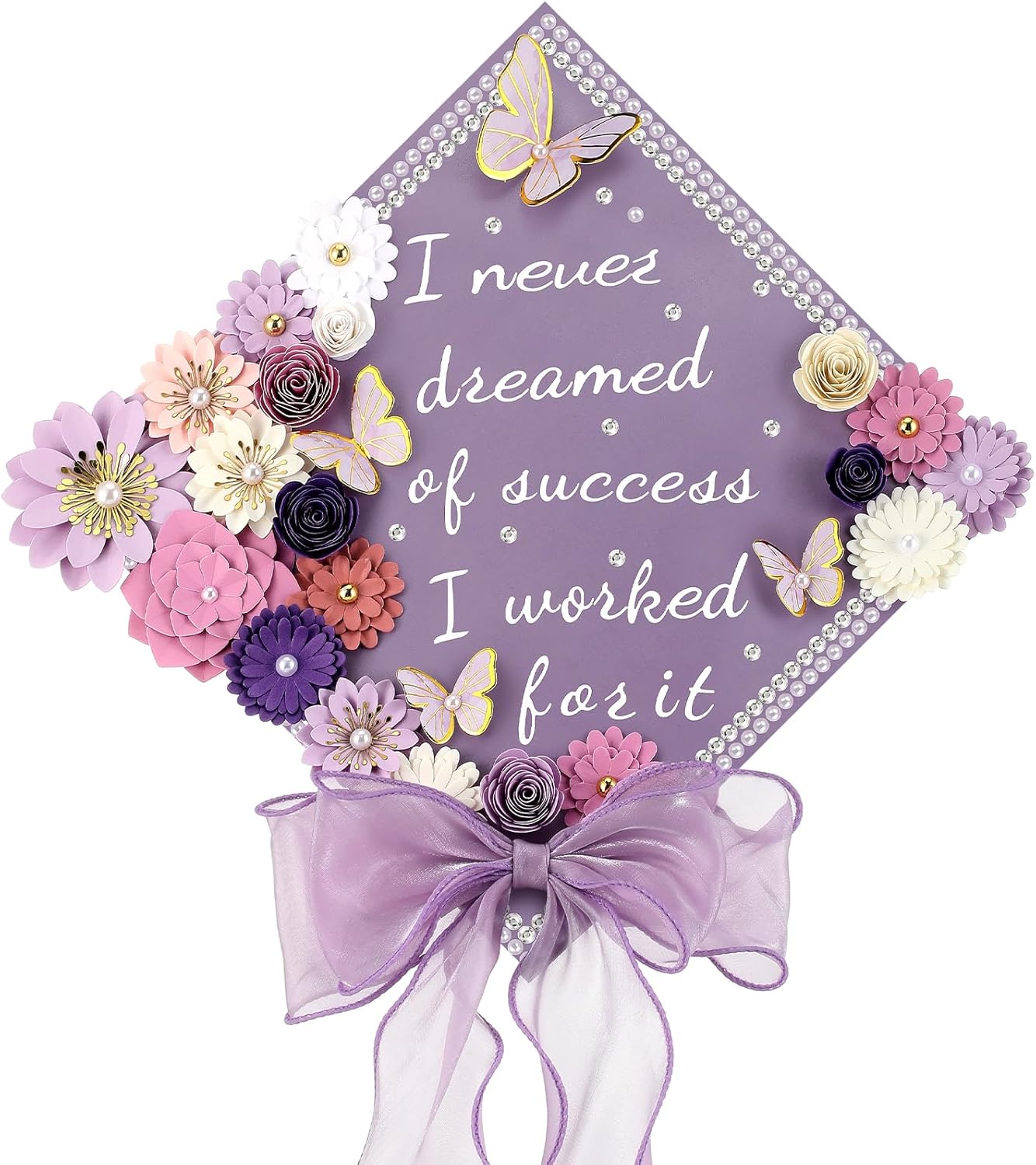 DIY Graduation Cap Decorations Kit - 46 Pcs with Paper Flowers, 3D Butterflies, Rhinestones & Ribbon Bow | Purple