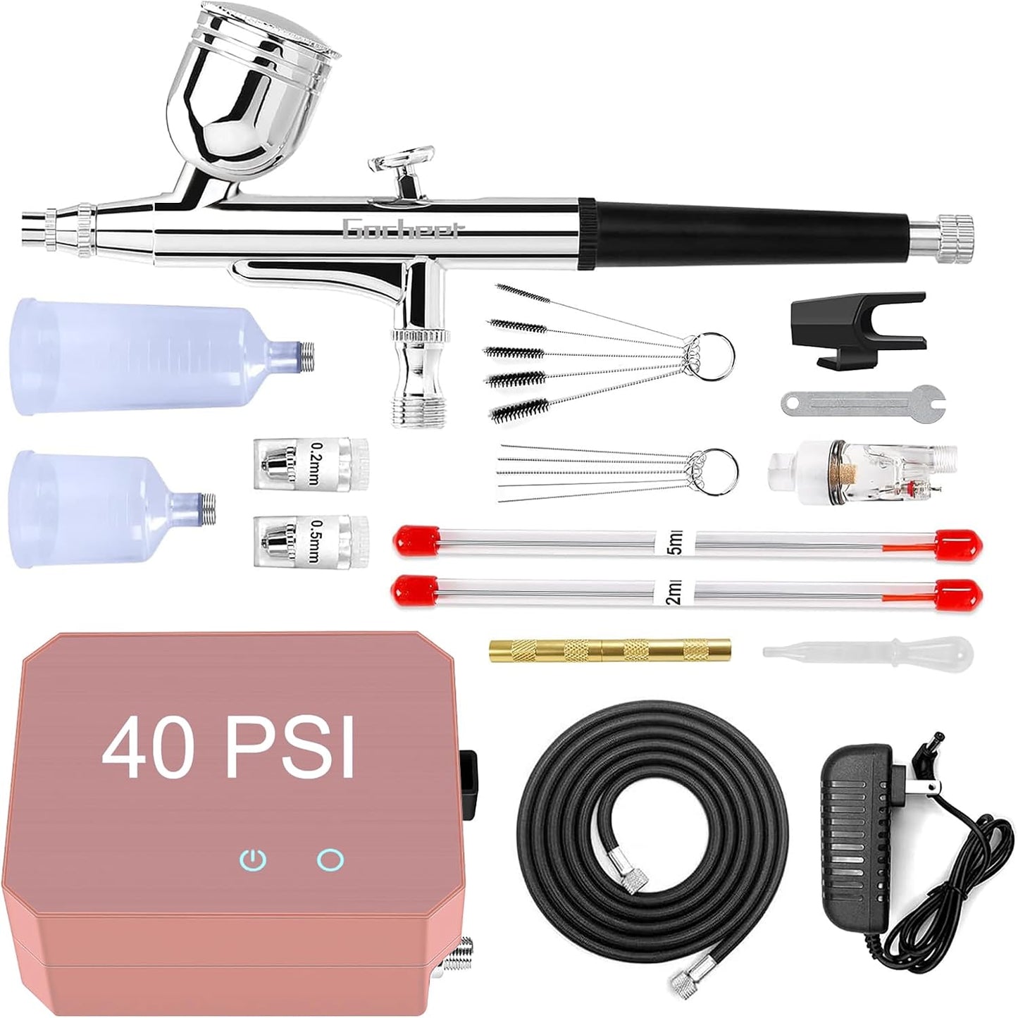 Airbrush Kit with Air Compressor - High Pressure 40 PSI, Non-Clogging | 0.2/0.3/0.5mm Nozzles for Painting, Modeling, Makeup