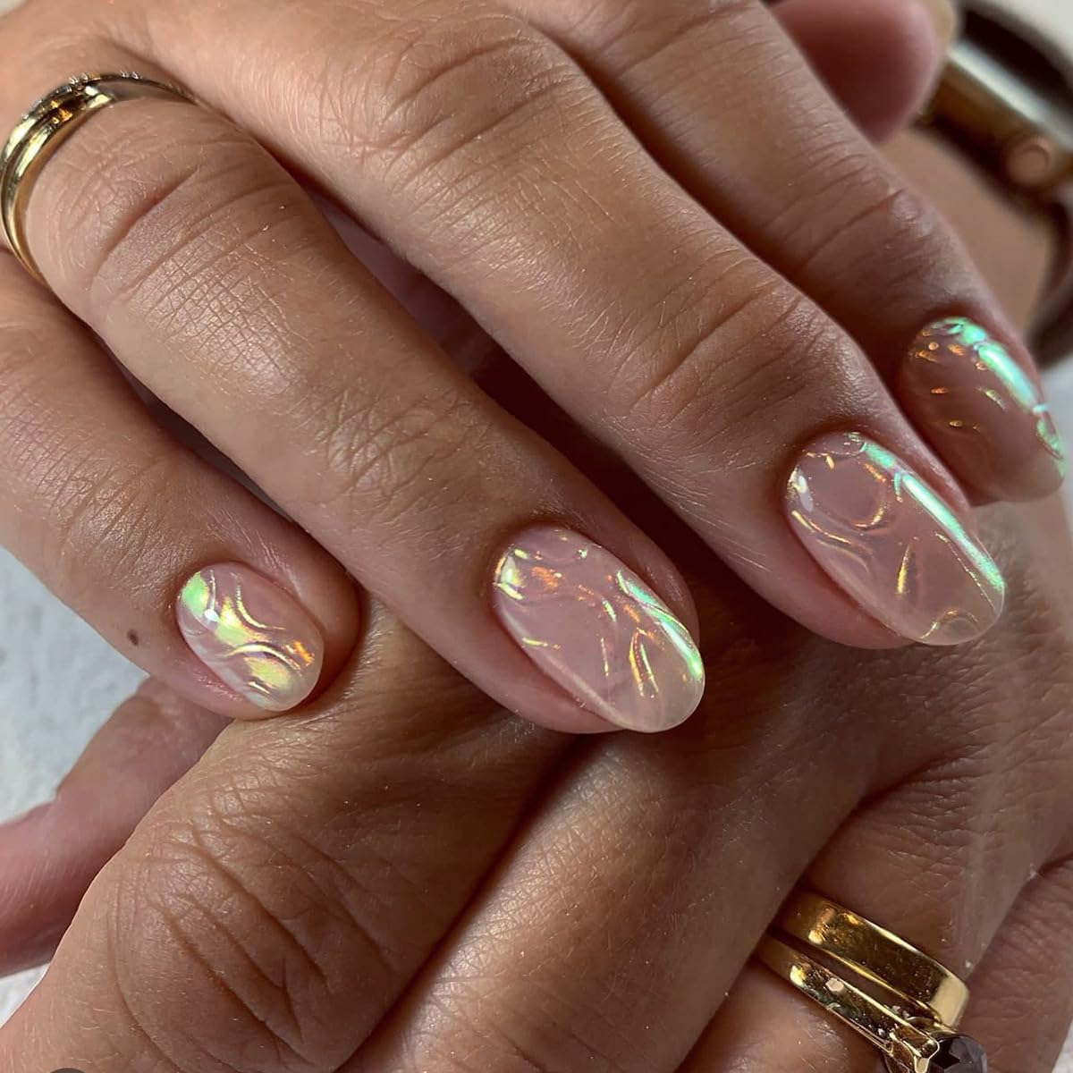 Cat Eye French Tip Press-On Nails - Nude & Pink Short Almond | Reusable Glue-On Nails with Gold Line for Weddings & Parties