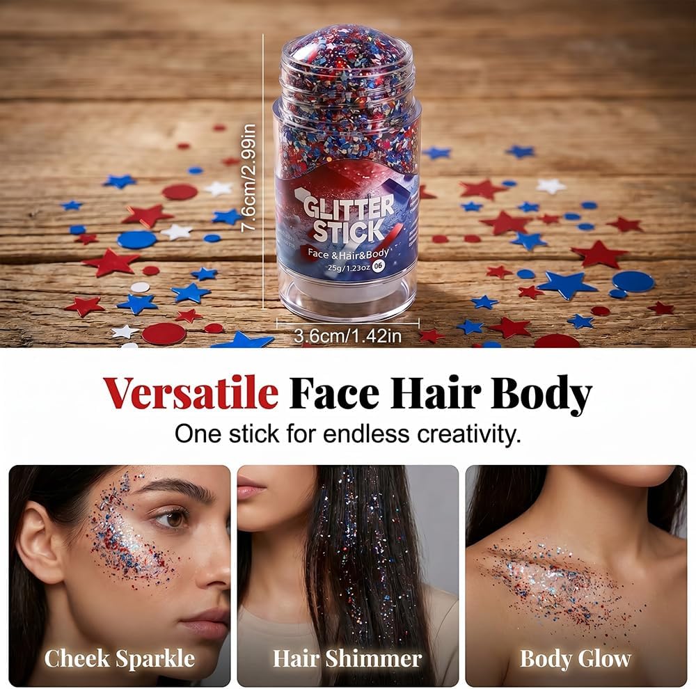 Body Hair Glitter Stick - 2 Pack Red White Blue USA Flag Face Glitter for 4th of July | Waterproof Makeup for Women & Kids