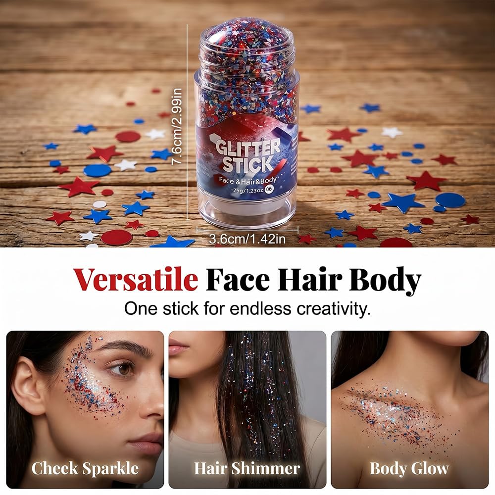 4th of July Glitter Stick - Red, White & Blue Body & Hair Sparkle for Women, Red White and Blue Accessories for Independence Day Patriotic Memorial Day Waterproof Chunky Glitter Makeup (Red White)