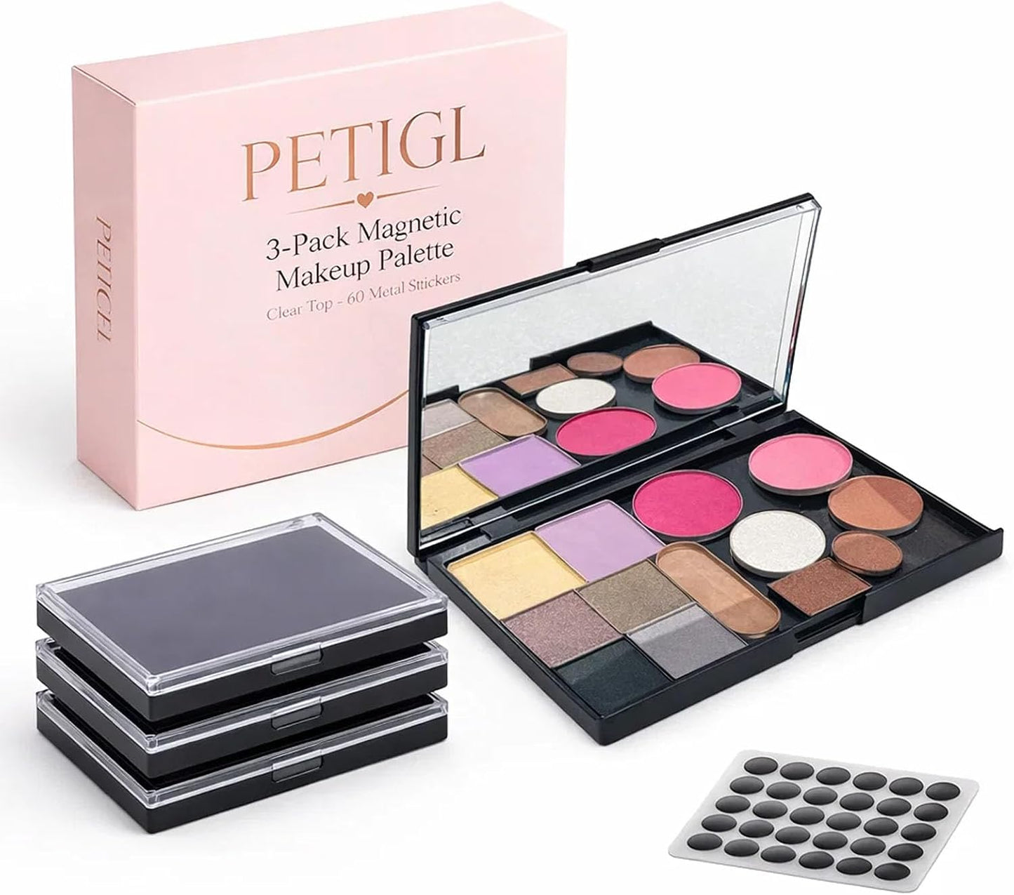 Magnetic Makeup Palette - Empty Organizer Case with Adhesive Stickers | Travel Storage for Eyeshadow, Blush & Lipstick (2.24” x 2.52”)