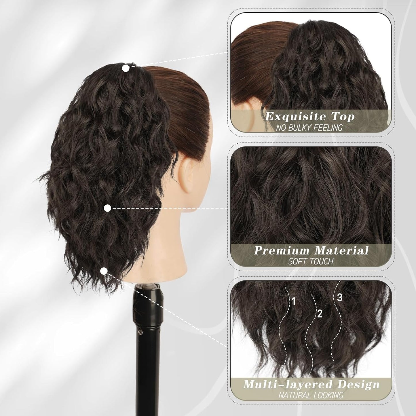 Ponytail Hair Extensions - 12 Inch Claw Clip Dark Brown Curly Wavy Ponytail for Women