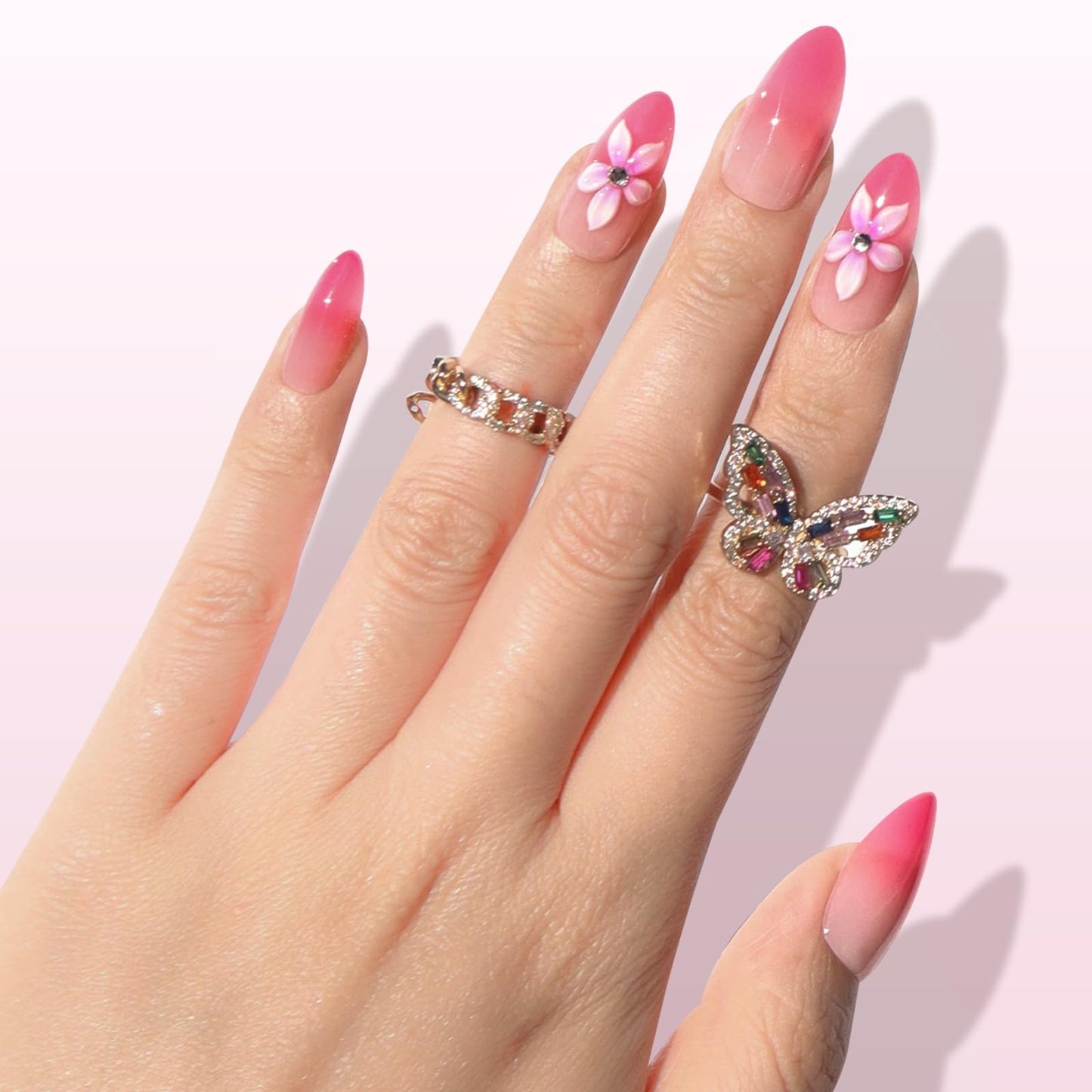 Nail Reformation Press On Nails, Tropical Orchid | Pink to Magenta Ombré Medium Almond Fake Nails with 3D Accents, Glossy Reusable Stick On Nails Kit - 30 Pcs in 15 Sizes with Glue, Gifts for Women