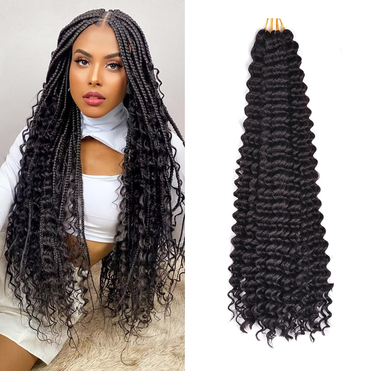 Ocean Wave Crochet Hair Extensions - Deep Wave Synthetic Braiding Hair for Women | 24 Inch, #1B (Pack of 2)