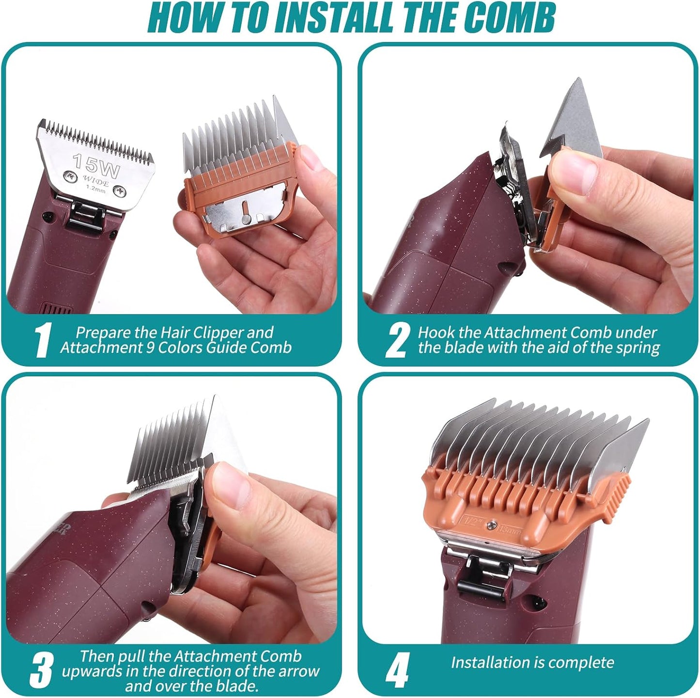 Wide Clipper Blade Set - 12-Piece Stainless Steel Dog Grooming Combs | Snap-On/Off Design for A5 Series 10W/15W/30W