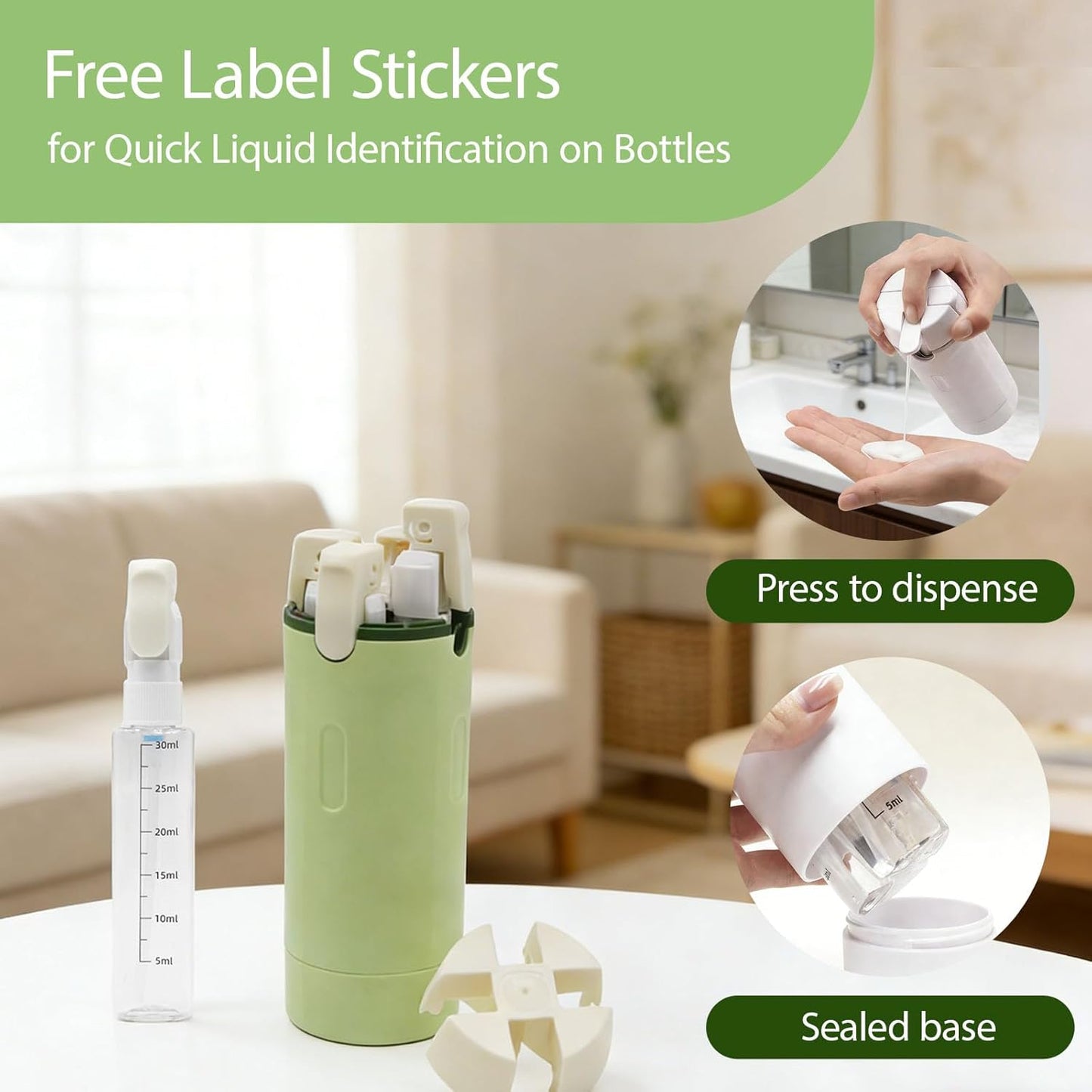 Travel Dispenser Bottle Set - 4 in 1 Leak Proof 30ml Toiletries Containers with Cleaning Brush | Perfect for Shampoo, Conditioner & Travel