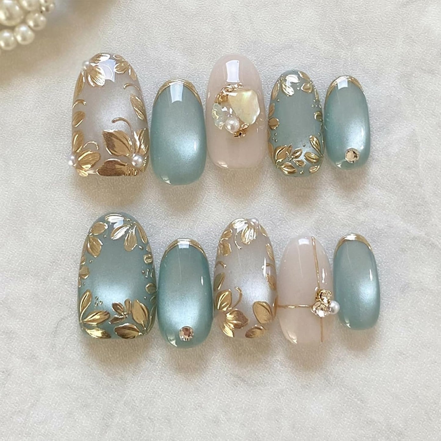 French Tip Press-On Nails - 24 Pcs Medium Almond 3D Flower Design | Glossy Acrylic Full Cover with Gold Pearl Accents