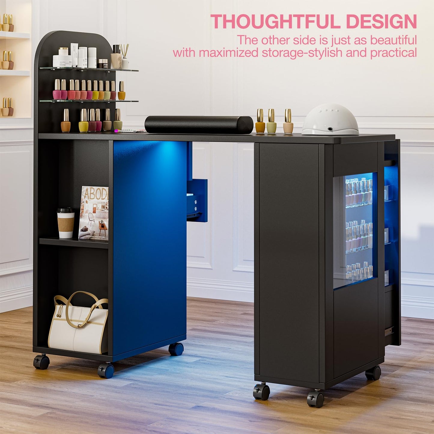 TTGIEET Professional Nail Desk for Nail Tech w/LED Light Display Cabinet, Rolling Manicure Table with Lockable Wheels, Storage Drawers, Wrist Cushion, Acetone Resistant, for Beauty Salon, Spa & Home
